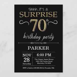 Sorpresa 70 cumpleaños invitación negro y oro