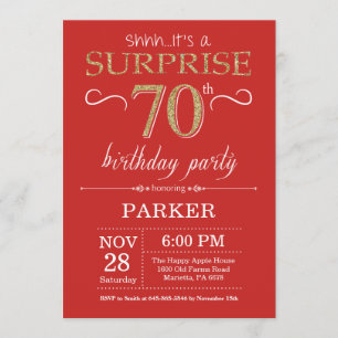 Sorpresa 70 cumpleaños invitación rojo y oro