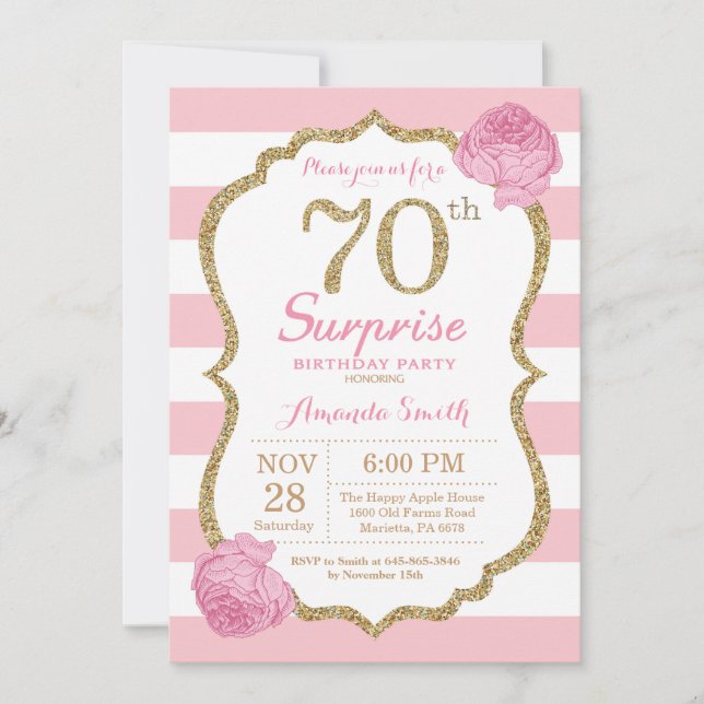 Sorpresa 70 cumpleaños invitación rosa y oro (Anverso)
