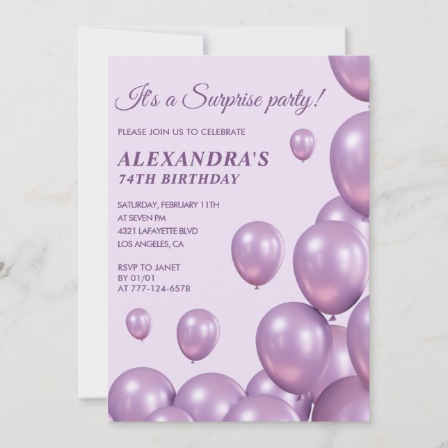 Sorpresa 74º cumpleaños invitaciones Globos Púrpur (Anverso)