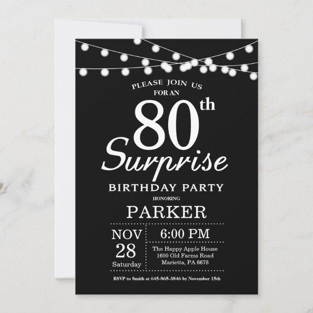 Sorpresa 80.ª invitación de cumpleaños blanco y ne (Anverso)