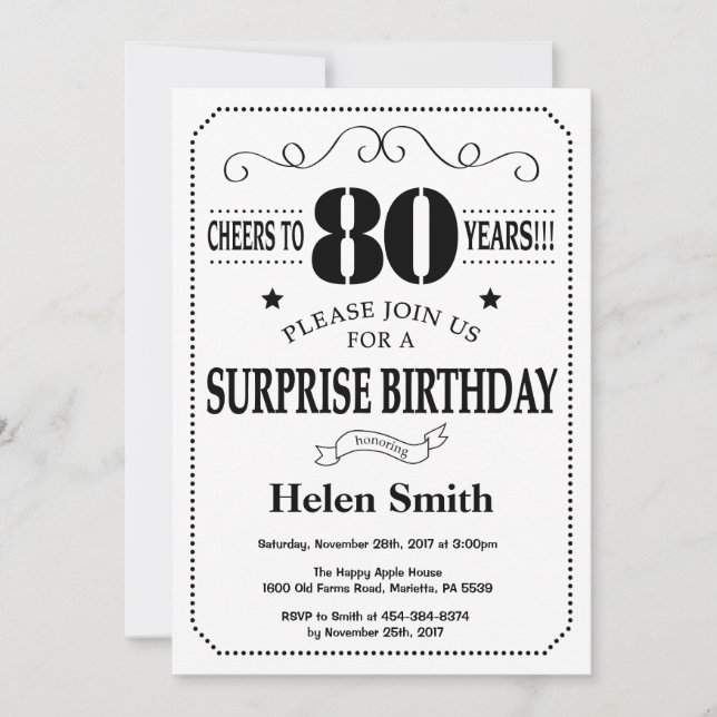 Sorpresa 80.ª invitación de cumpleaños blanco y ne (Anverso)