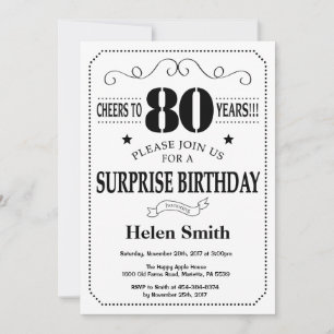 Sorpresa 80.ª invitación de cumpleaños blanco y ne