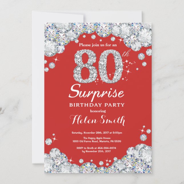 Sorpresa 80.ª Invitación de cumpleaños Diamante Pl (Anverso)