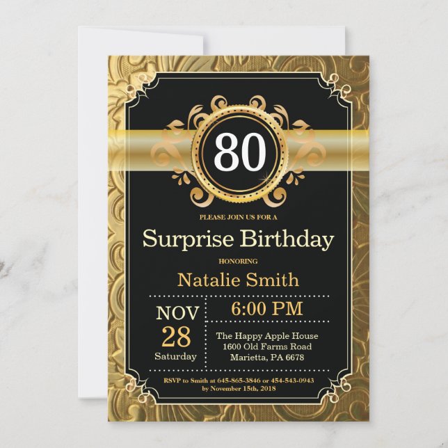 Sorpresa 80.ª invitación de cumpleaños Negro y Oro (Anverso)