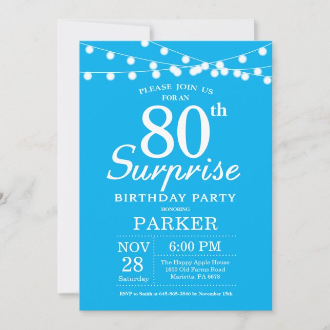 Sorpresa 80 cumpleaños invitación azul (Anverso)