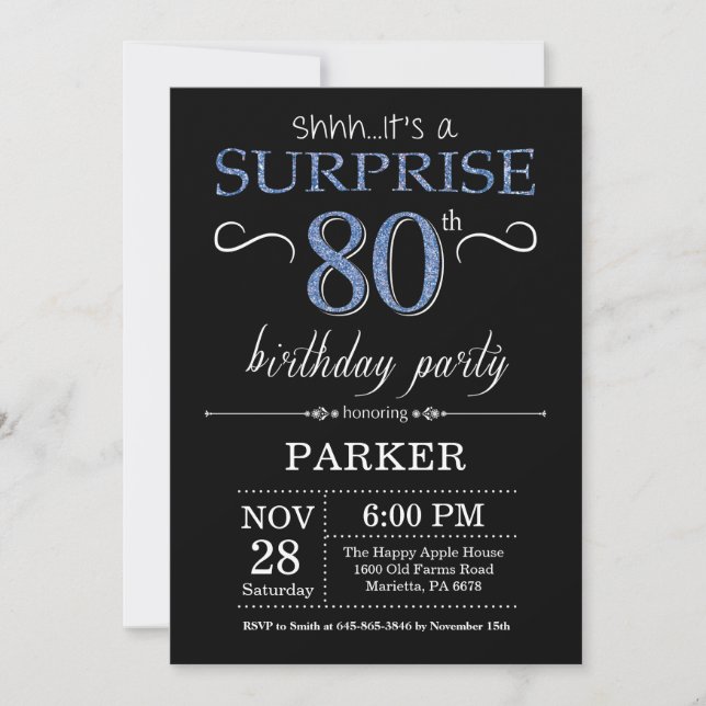 Sorpresa 80 cumpleaños invitación negro y azul (Anverso)