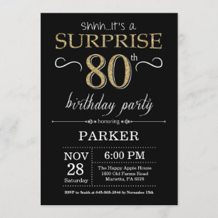 Sorpresa 80 cumpleaños invitación negro y oro