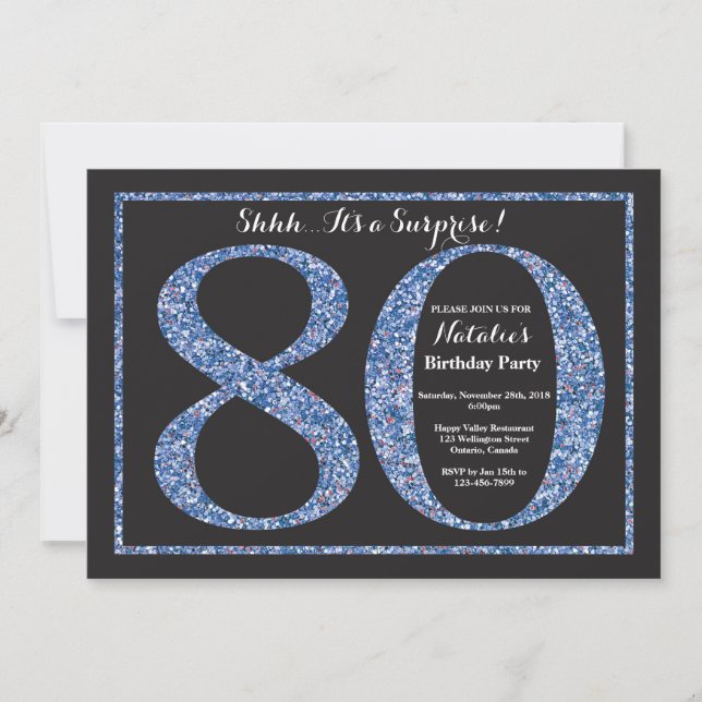 Sorpresa 80 cumpleaños invitación Purpurina azul (Anverso)