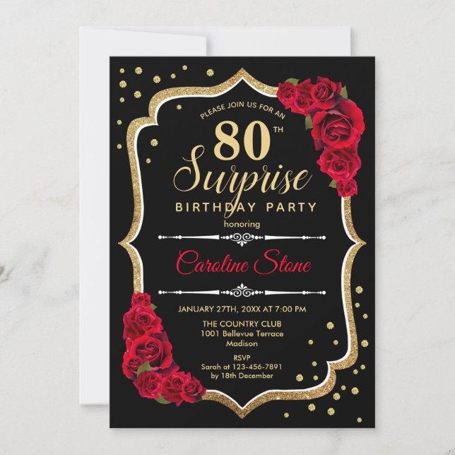 Sorpresa 80 cumpleaños - Invitación roja de oro ne (Anverso)