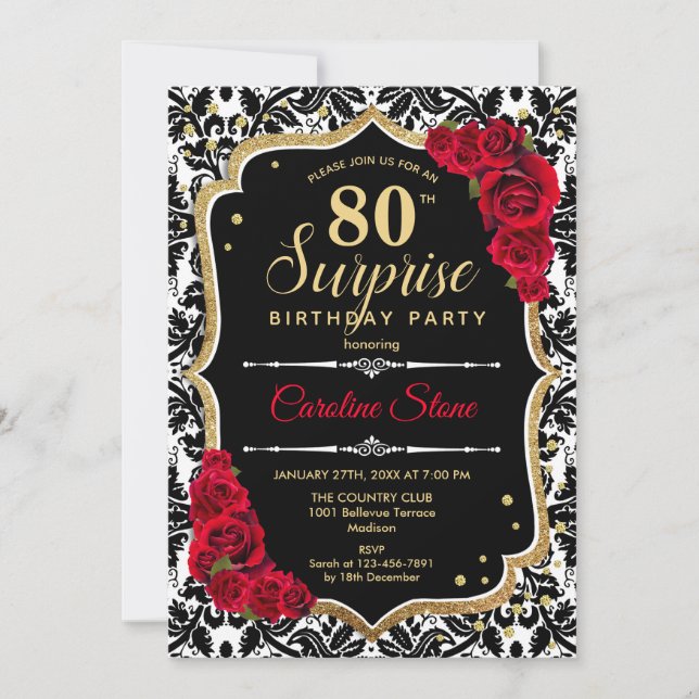 Sorpresa 80 cumpleaños - Invitación roja de oro ne (Anverso)