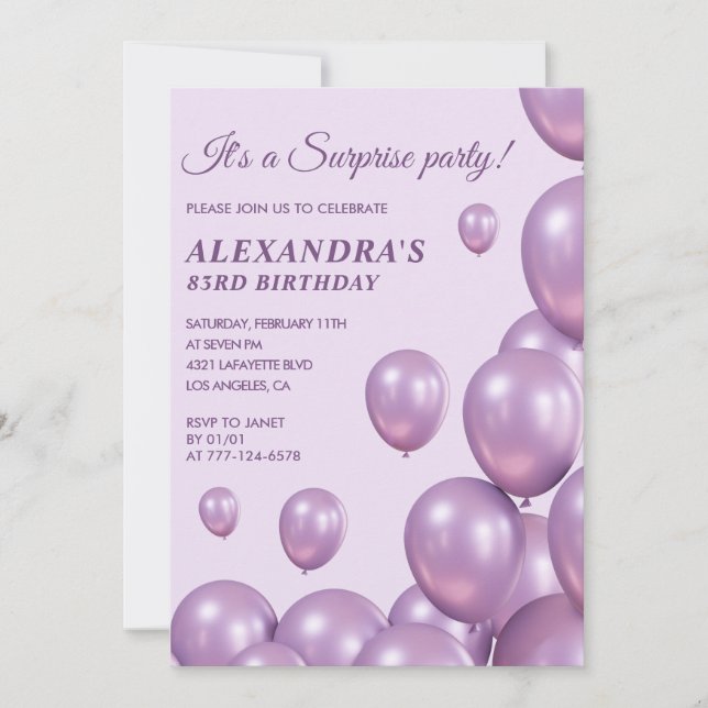 Sorpresa 83 invitaciones de cumpleaños Globos Púrp (Anverso)