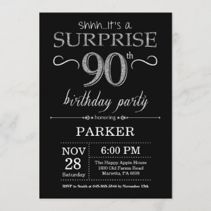 Sorpresa 90.ª invitación de cumpleaños negro y pla