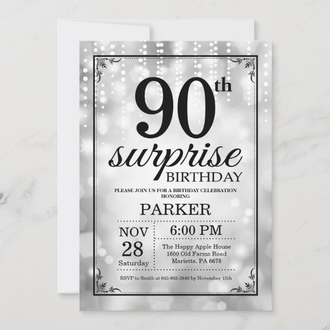 Sorpresa 90 cumpleaños Invitación a Silver Purpuri (Anverso)