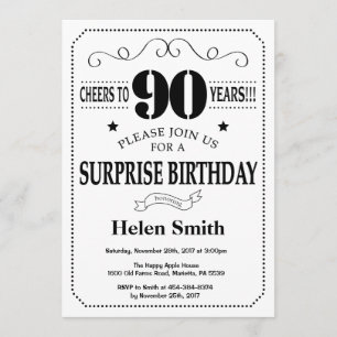 Sorpresa 90 cumpleaños invitación blanco y negro
