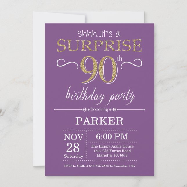 Sorpresa 90 cumpleaños invitación morado y oro (Anverso)