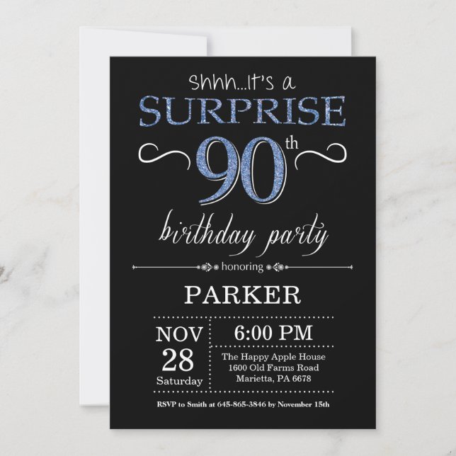 Sorpresa 90 cumpleaños invitación negro y azul (Anverso)
