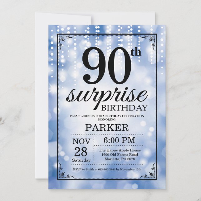 Sorpresa 90 cumpleaños invitación Purpurina azul (Anverso)