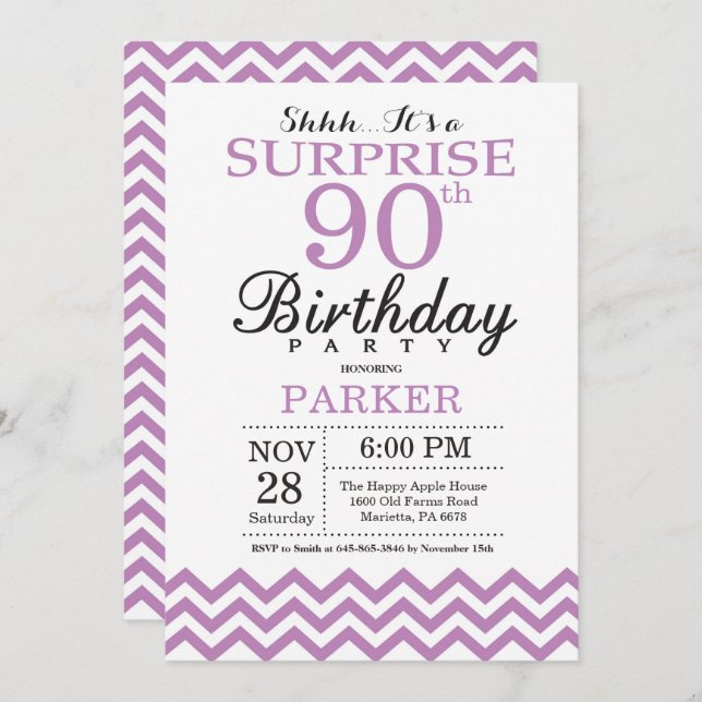 Sorpresa 90 cumpleaños invitación Purpurina morado (Anverso / Reverso)