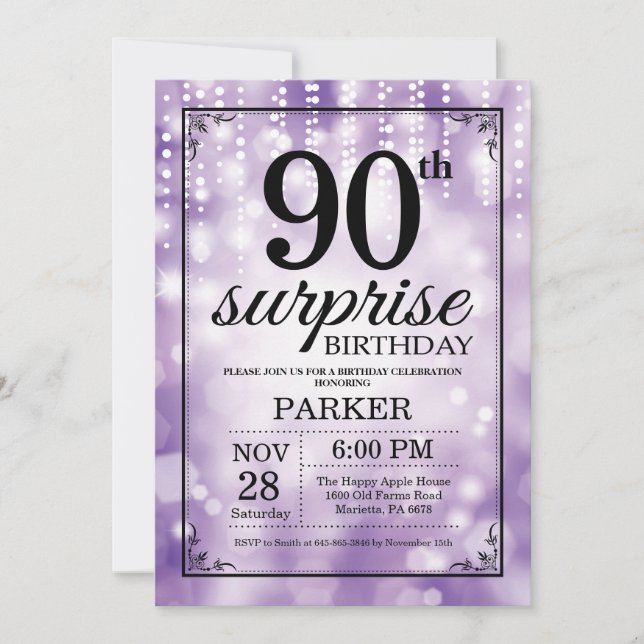 Sorpresa 90 cumpleaños invitación Purpurina morado (Anverso)