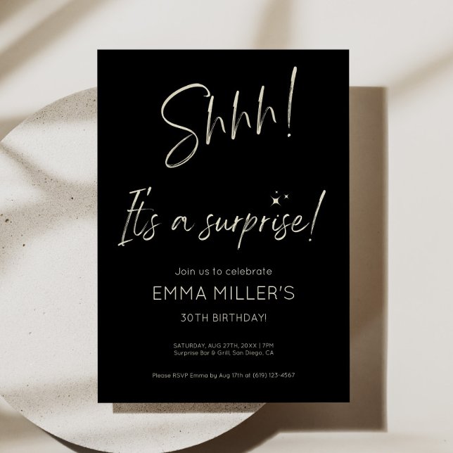 Sorpresa cumpleaños invitación negro Minimalista (minimalist black surprise invite, elegant surprise birthday invitation, modern black party invite, s)