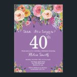 Sorpresa de morado 40 cumpleaños invitación<br><div class="desc">Invitación de 40º cumpleaños para mujeres con sorpresa de morado. Flor floral acuarela. Fondo violeta de la Lavanda Lilac Púrpura. Rosa, Amarillo, Naranja, Flor Púrpura. Cumpleaños de adultos. 13. 15. 16. 18. 20. 21. 30. 40. 50. 60. 70. 80. 90. 100. Cualquier edad. Para más personalización, haga clic en el...</div>