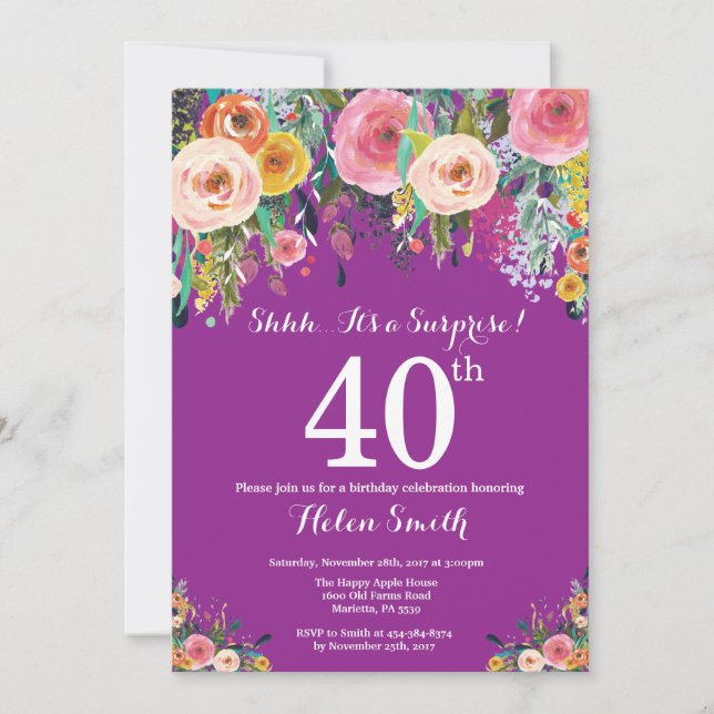 Sorpresa de morado 40 cumpleaños invitación (Anverso)