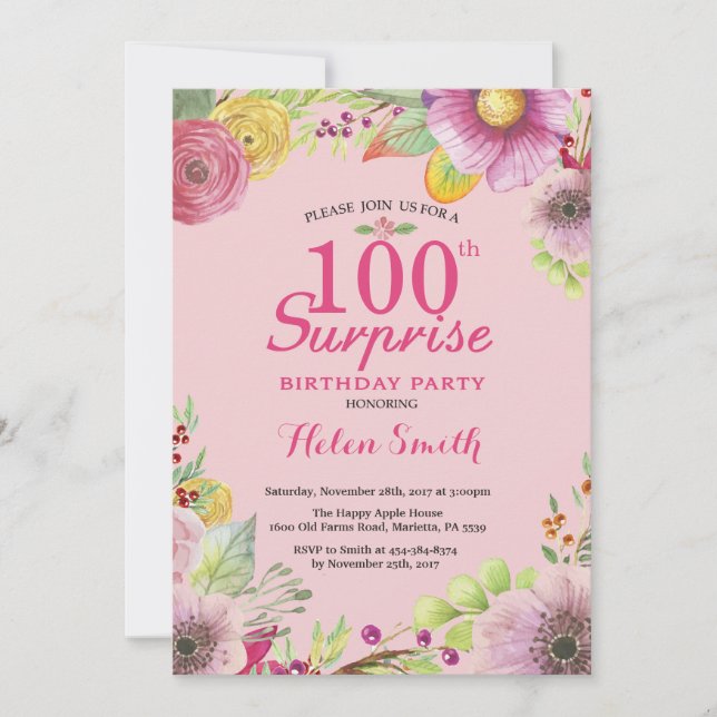 Sorpresa Floral 100.ª Invitación de cumpleaños muj (Anverso)
