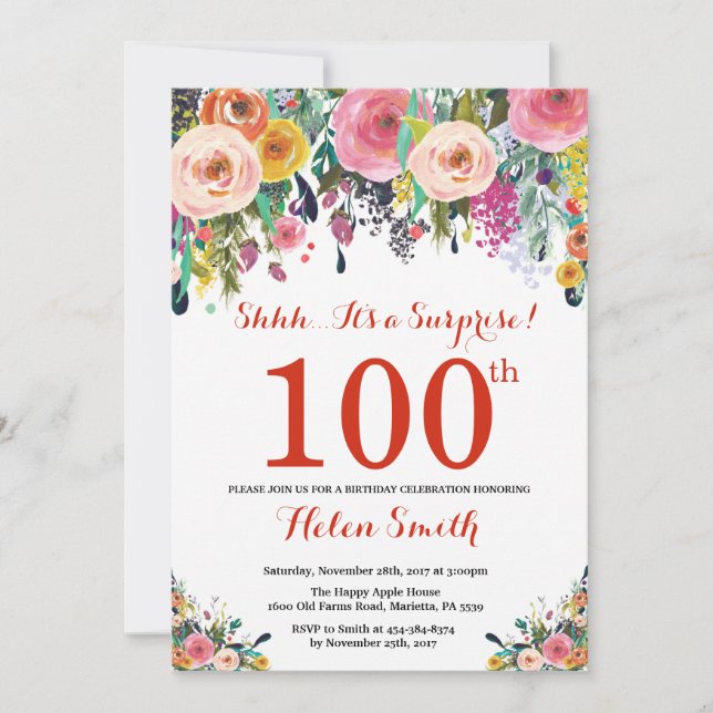 Sorpresa floral 100.ª invitación de cumpleaños roj (Anverso)