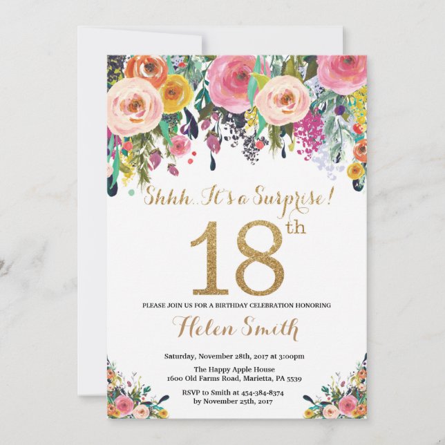 Sorpresa Floral 18º cumpleaños Invitación a Oro (Anverso)