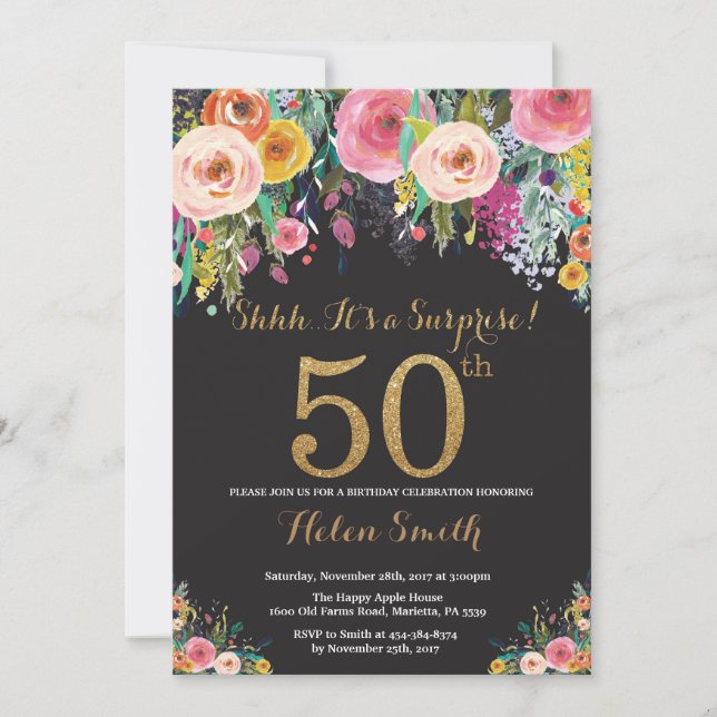 Sorpresa floral 50 cumpleaños Invitación al oro (Anverso)