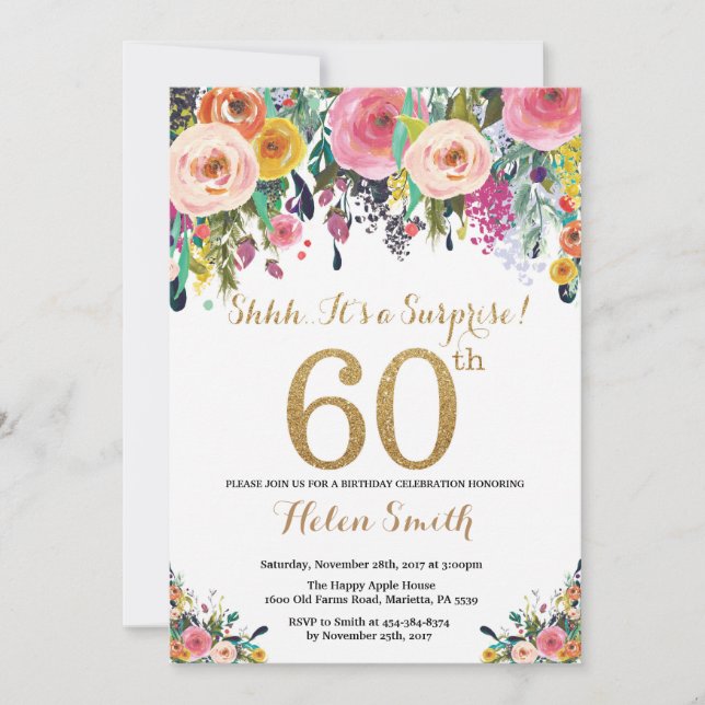 Sorpresa floral 60 cumpleaños invitación a oro (Anverso)