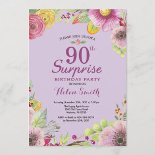 Sorpresa floral 90 cumpleaños invitación púrpura