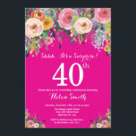 Sorpresa floral rosa caliente Invitación a los 40<br><div class="desc">Invitación de 40 años para mujeres. Flor floral acuarela. Fondo rosa caliente. Rosa, Amarillo, Naranja, Flor Púrpura. Cumpleaños de adultos. 13. 15. 16. 18. 20. 21. 30. 40. 50. 60. 70. 80. 90. 100. Cualquier edad. Para más personalización, haga clic en el botón "Personalizar" y utilice nuestra herramienta de diseño...</div>
