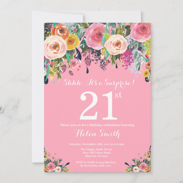 Sorpresa floral rosa Invitación a cumpleaños 21 (Anverso)