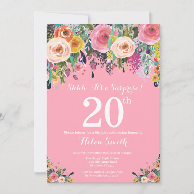 Sorpresa floral rosa Invitación a los 20 años (Anverso)