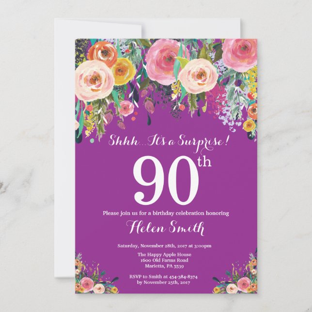 Sorpresa Morado Floral Invitación a los 90 Años (Anverso)