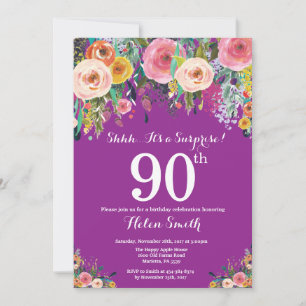 Sorpresa Morado Floral Invitación a los 90 Años