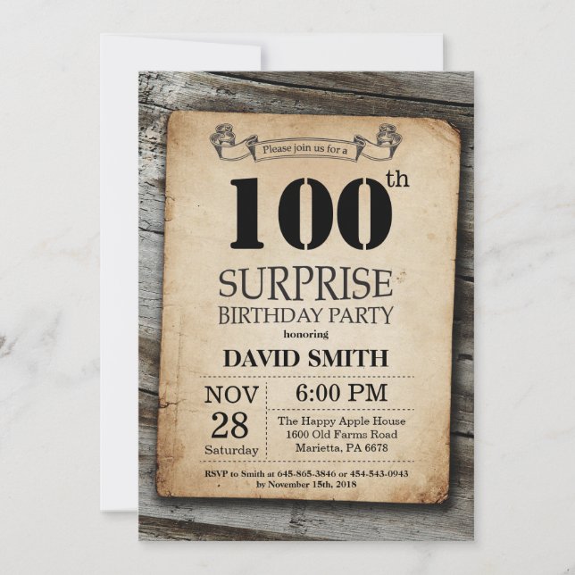 Sorpresa Rústica 100.ª invitación de cumpleaños (Anverso)
