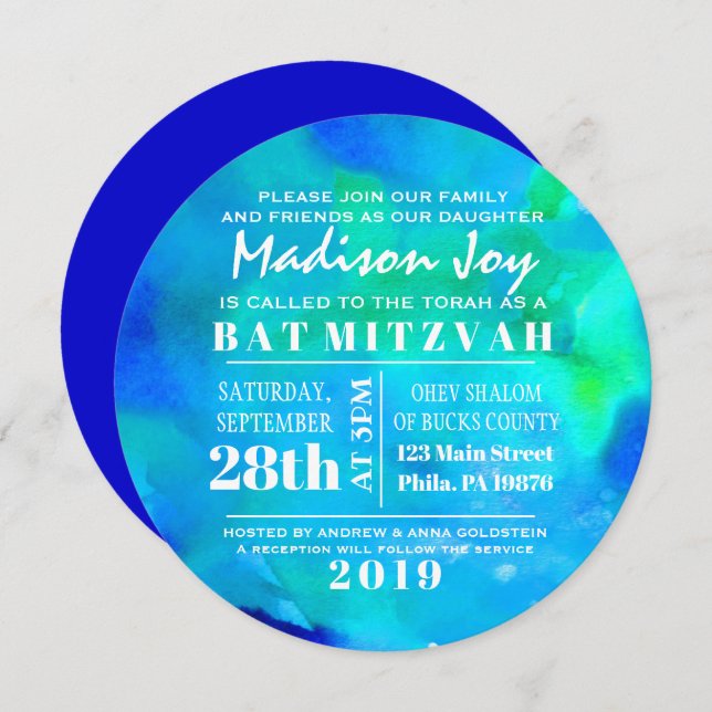 Soy AQUA WATERCOLOR Round Bat Mitzvah Invitación (Anverso / Reverso)