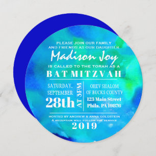 Soy AQUA WATERCOLOR Round Bat Mitzvah Invitación