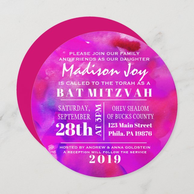 SOY FUSHIA WATERCOLOR Bat Mitzvah Invitación (Anverso / Reverso)