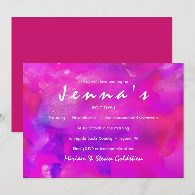 SOY FUSHIA WATERCOLOR Bat Mitzvah Invitación (Anverso / Reverso)