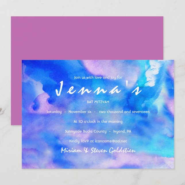SOY Invitación BLUE WATERCOLOR Bat Mitzvah (Anverso / Reverso)