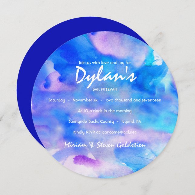 SOY Invitación BLUE WATERCOLOR Bat Mitzvah (Anverso / Reverso)