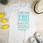 Soy la camiseta Way en colores pastel<br><div class="desc">Camiseta cristiana con el verso bíblico de Juan 14:6 Jesús le dijo: "Soy el camino, la verdad y la vida. Nadie puede venir al Padre excepto a través de mí". Los versos son en tonos pastel azules y en caligrafía mixta y tipografía minimalista. Este diseño moderno y moderno es la...</div>