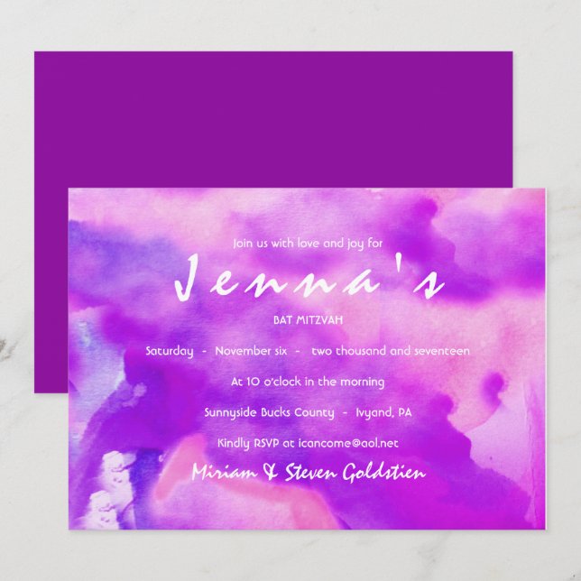SOY PURPLE WATERCOLOR Bat Mitzvah Invitación (Anverso / Reverso)