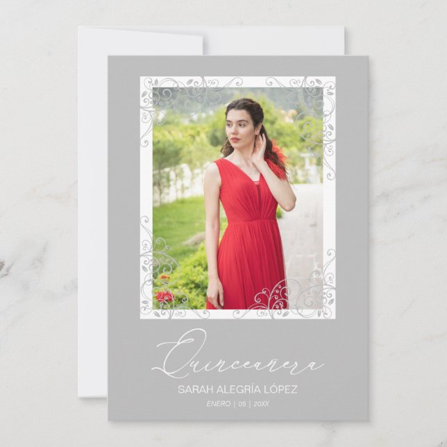 Spanish Flourish Grey Ornament Photo Quinceañera  (Anverso)
