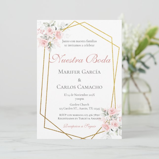 Spanish Pink Floral Wedding invitación boda españo (Anverso de pie)