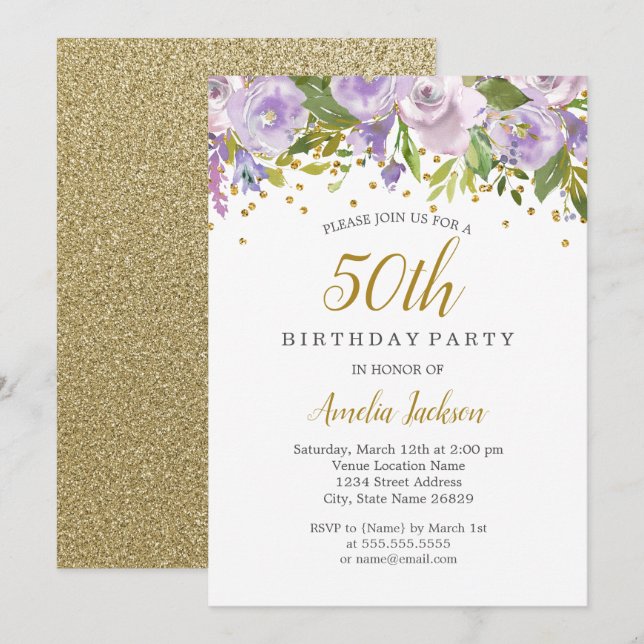 Sparkle Floral Purple 50 cumpleaños invitación (Anverso / Reverso)